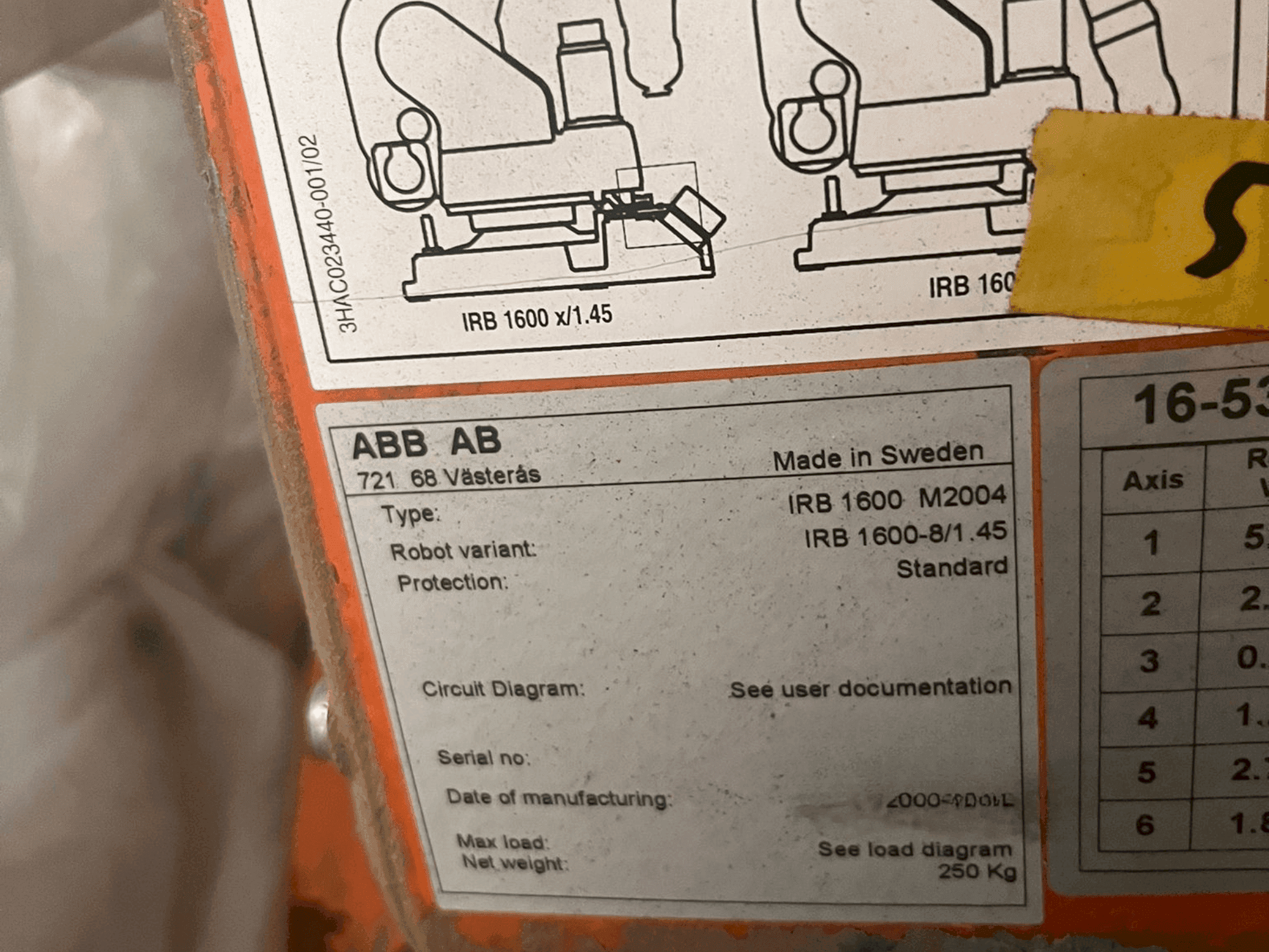 Nameplate of ABB IRB 1600 M2004 machine