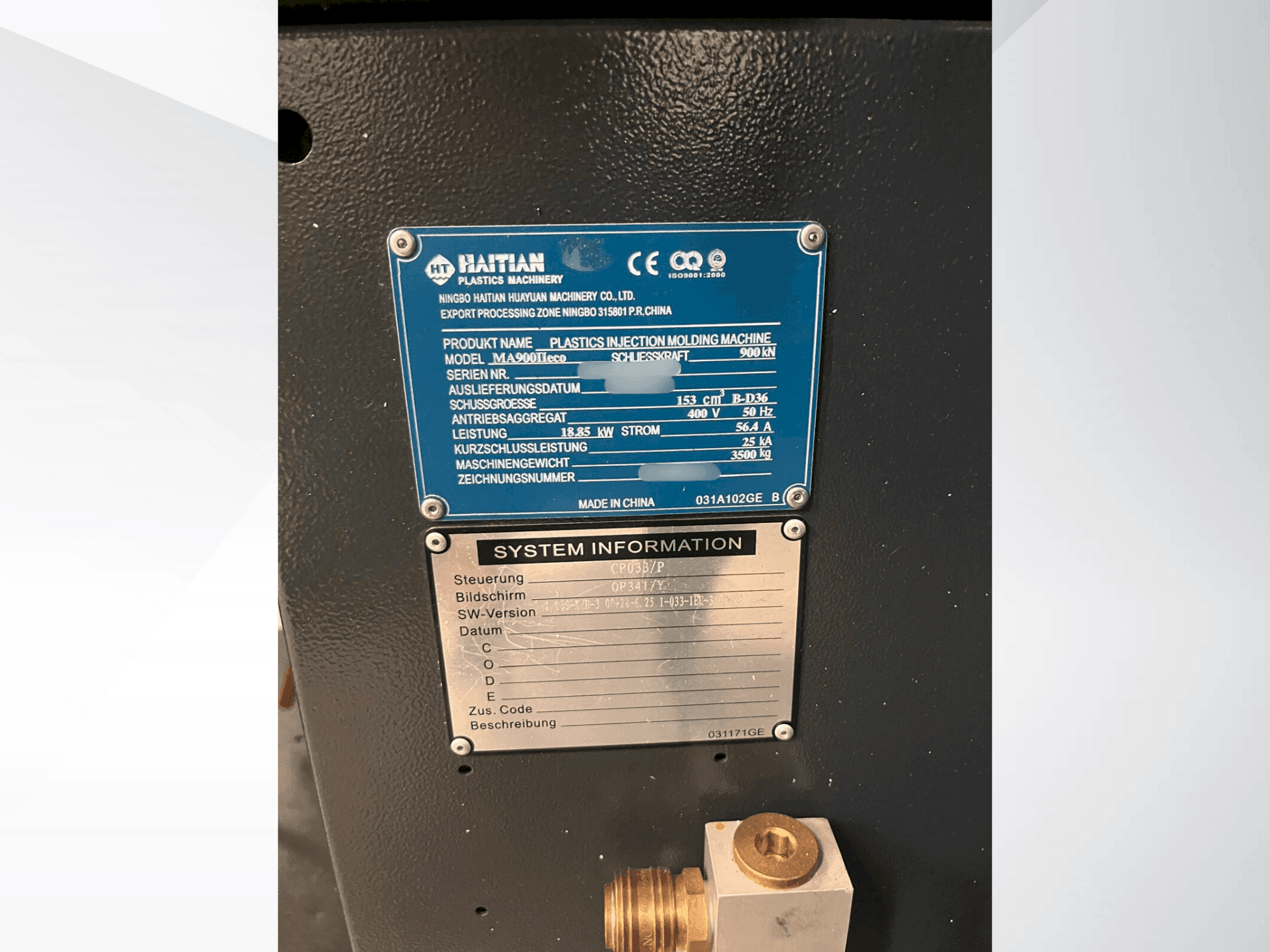 Nameplate of HAITIAN MA900 II eco machine