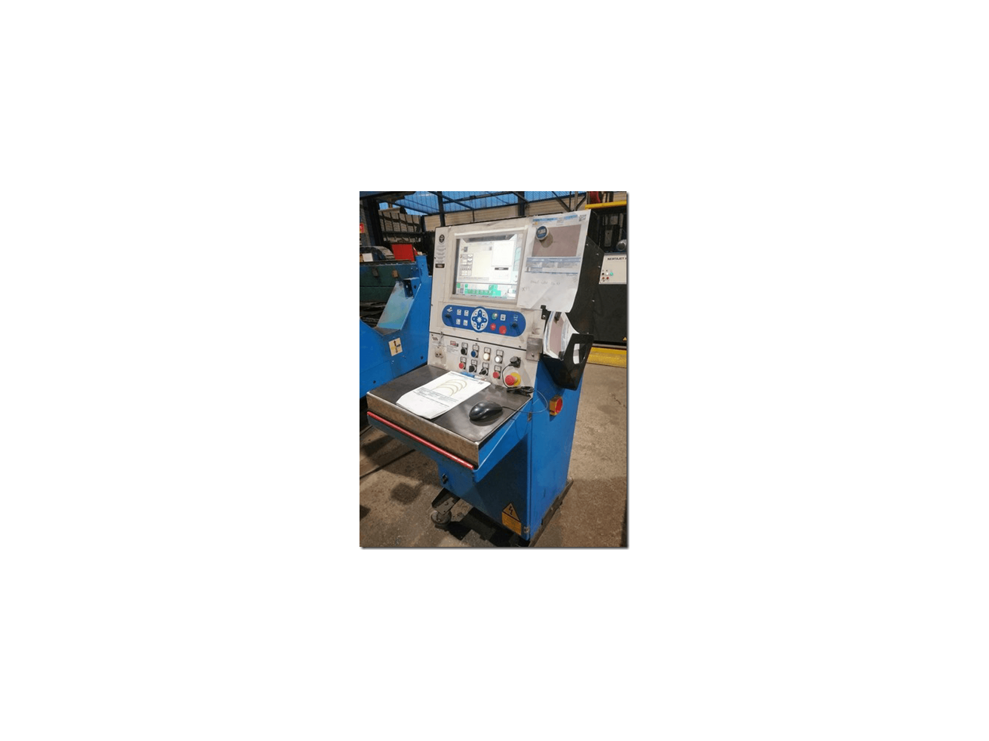 Control panel of an industrial machine featuring a screen, buttons, and a mouse, viewed from the front. Blue body with safety markings.